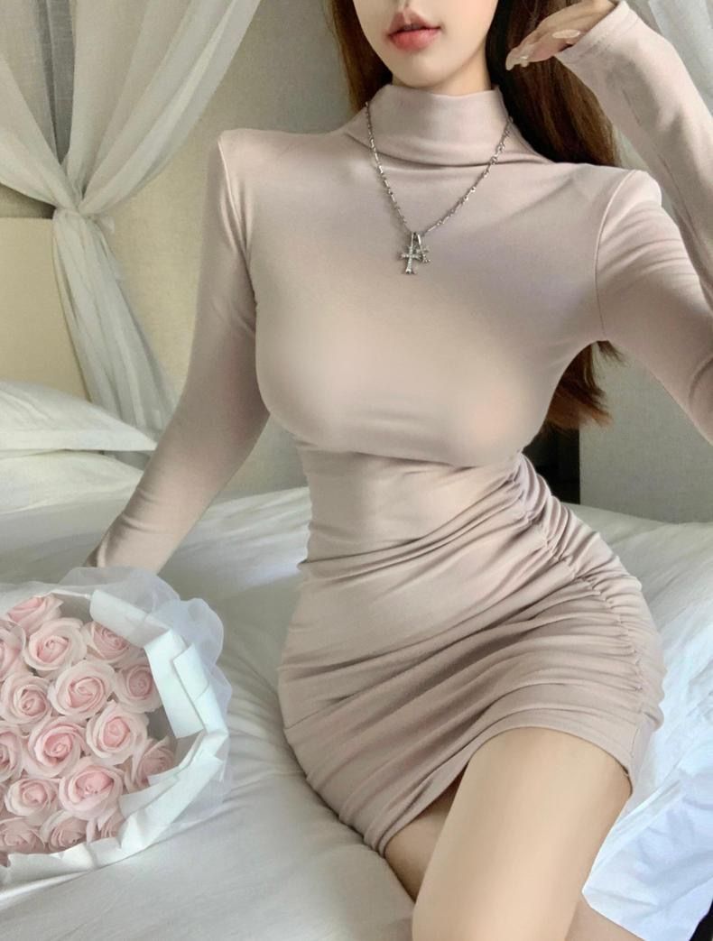辣妹半高领长袖连衣裙女秋冬季修身包臀裙内搭打底裙纯欲风短裙子详情9