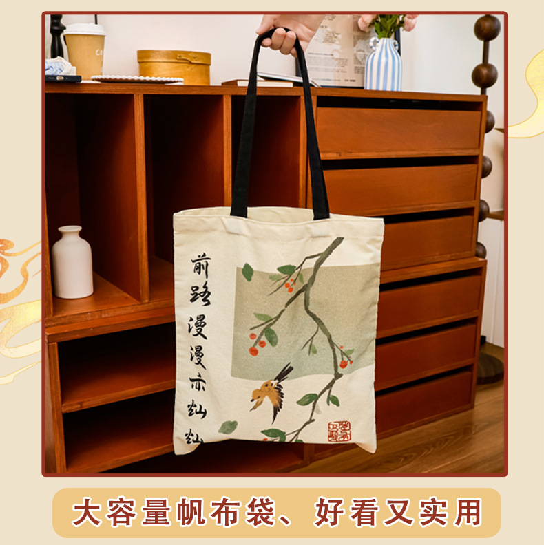 Ancient-style text canvas bag, ins, high-end student gift packaging, storage and tote bag, Chinese-style text canvas bag pic 5