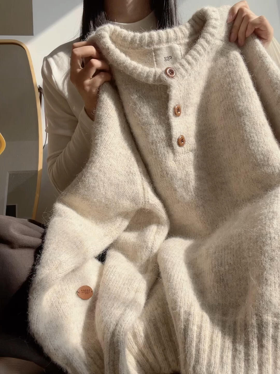 Large-sized thickened soft and sticky sweater for women, semi-open-neck button knitted sweater for autumn and winter, loose inner layer with long-sleeved lazy top pic 1