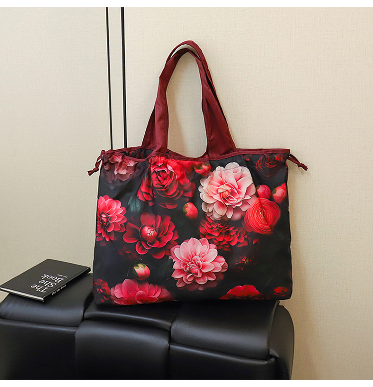 大容量花朵印花单肩包防水购物袋尼龙外出托特包时尚复古手提包详情32