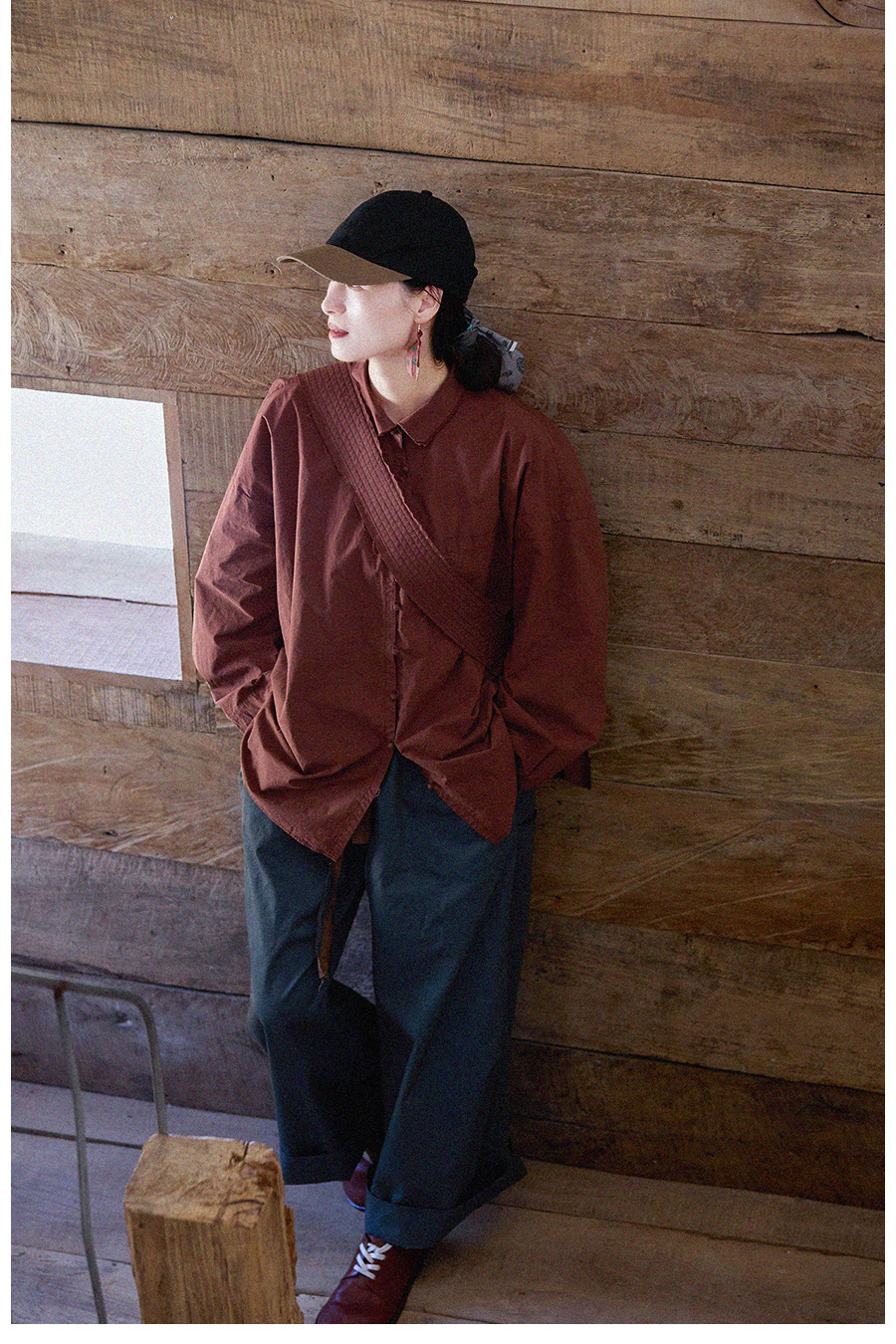 New autumn and winter style, artistic and retro original hazelnut red-brown cotton casual top, high-density, slightly elastic loose shirt for women pic 48