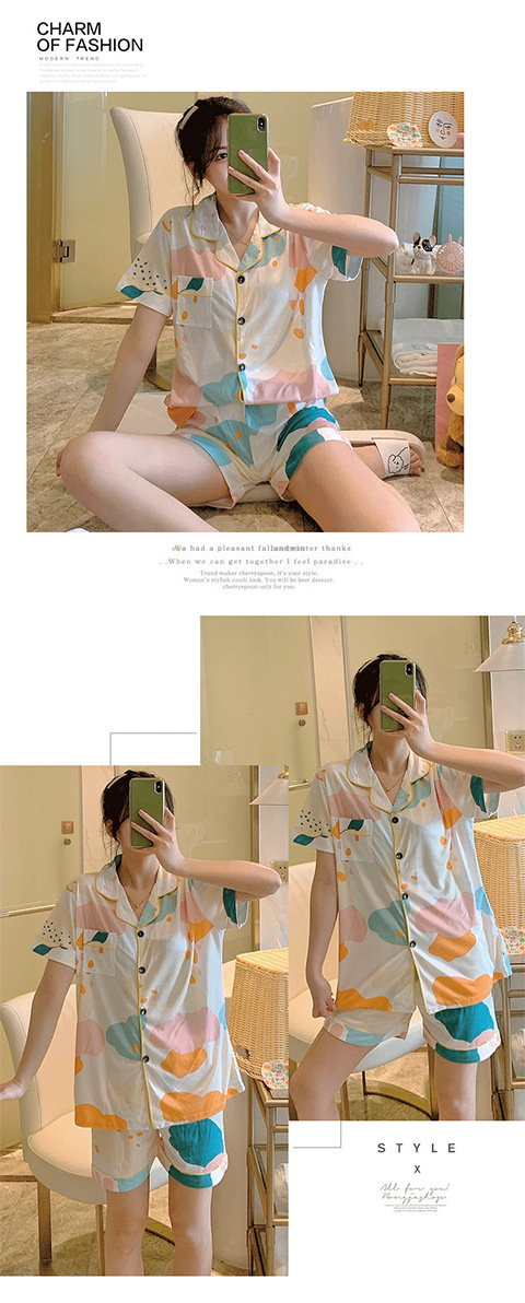 ins Fresh pajama women Summer short sleeves and shorts Korean cardigan plus-size Korean Japanese-style home wear two-piece set pic 26