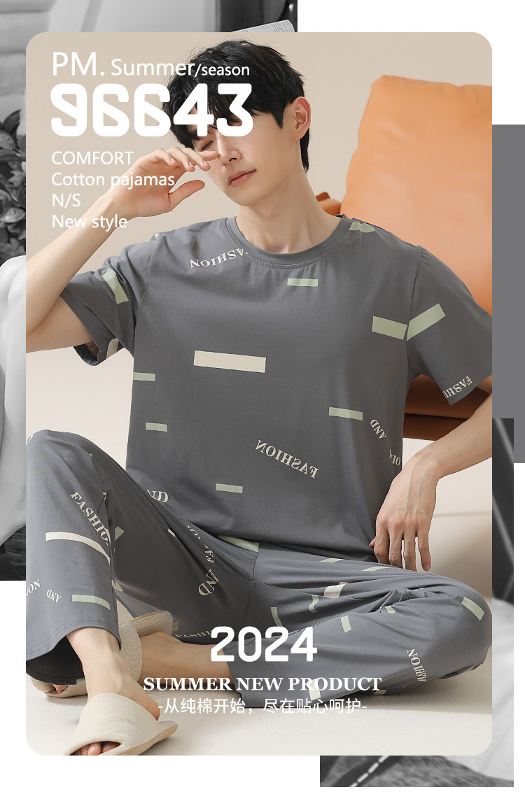 Summer pure cotton pajamas for men, cartoon casual short-sleeved shirts and long pants, pure cotton comfortable home wear, summer youth student set pic 111