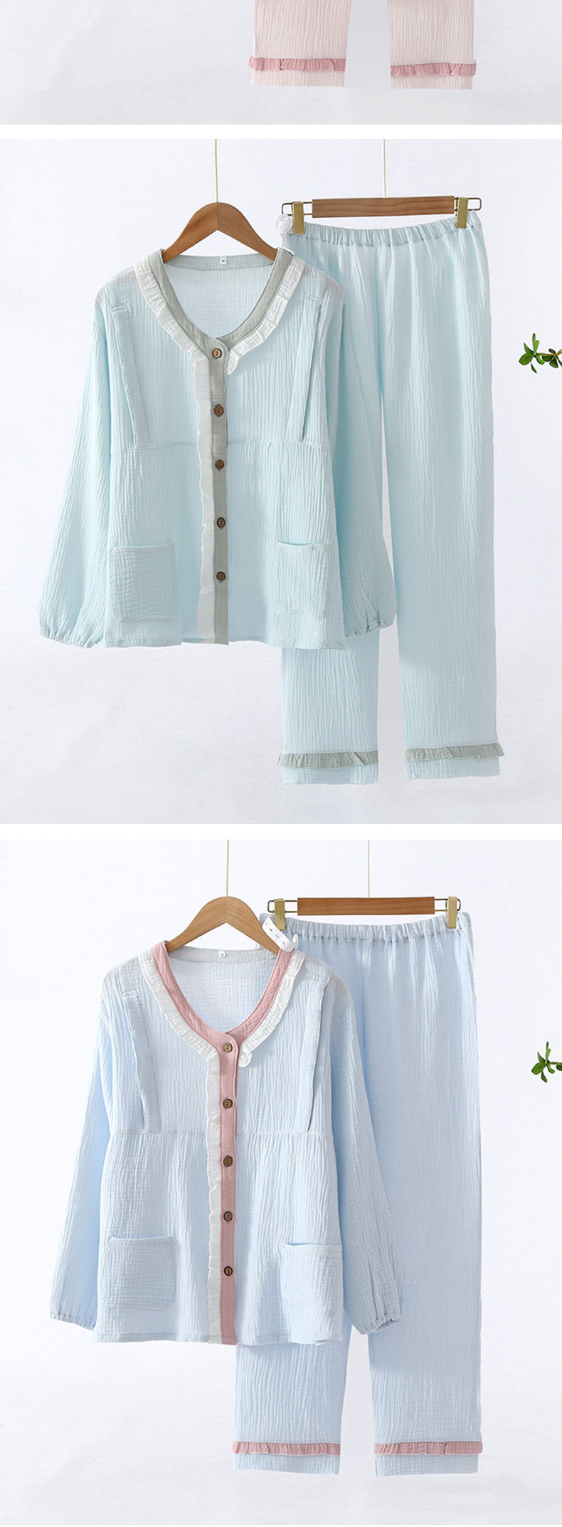 纯棉双层绉布月子服产后春夏吸汗透气甜美纯色纱布孕妇哺乳家居服详情11