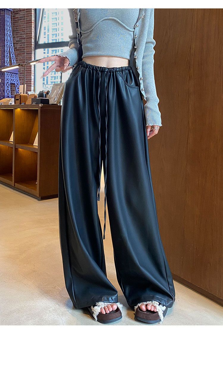 黑色皮裤阔腿裤女2025秋冬新款哑光PU皮休闲裤宽松显瘦直筒拖地裤详情2