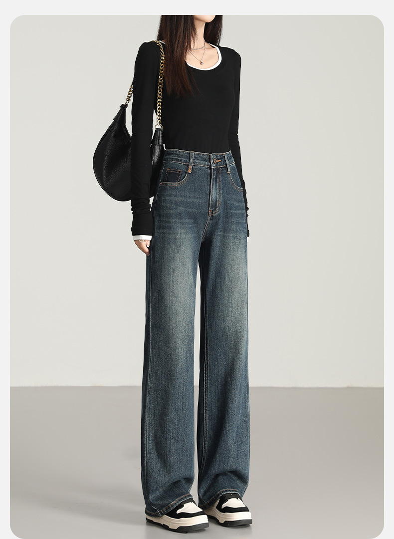 2025四季新款弹力高腰窄版遮肉显瘦刺绣阔腿牛仔裤休闲百搭拖地裤详情7