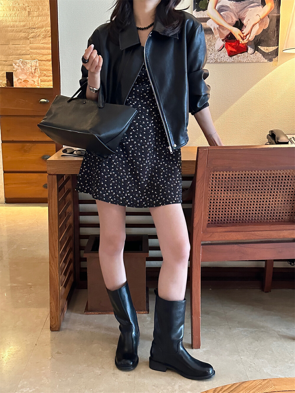 THE LIMON柠檬绿茶韩版复古翻领拉链黑色PU皮衣女高级感短外套春详情4