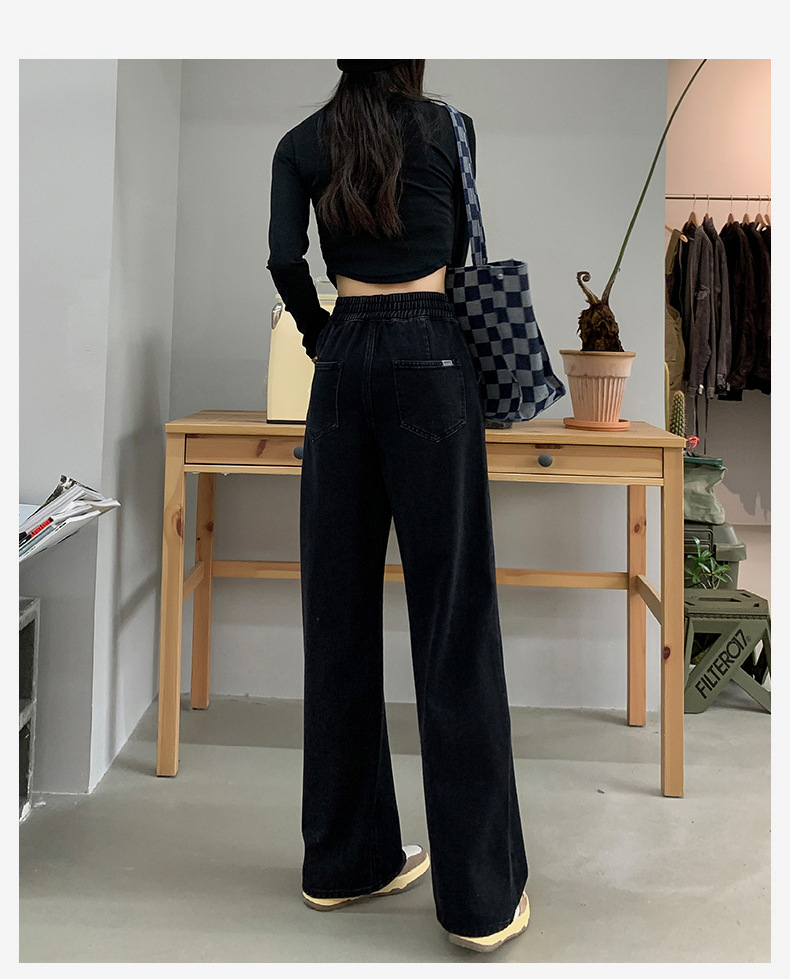 外贸定制双扣阔腿牛仔裤女2024秋爆款小个高腰显瘦垂感直筒拖地裤详情6