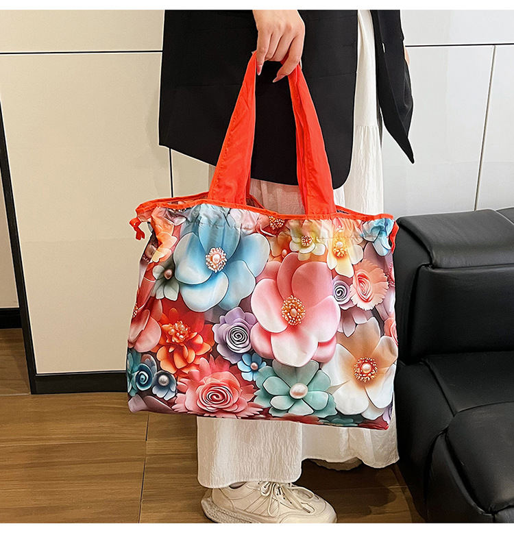 大容量花朵印花单肩包防水购物袋尼龙外出托特包时尚复古手提包详情14