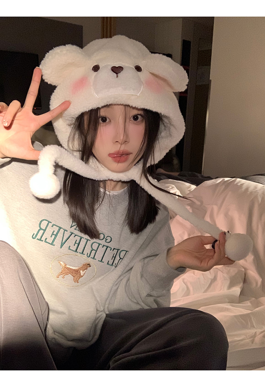 Cute blush bear hat for women, thick and warm ear-protecting hood for autumn and winter, lamb fur Lei Feng hat for cycling pic 7