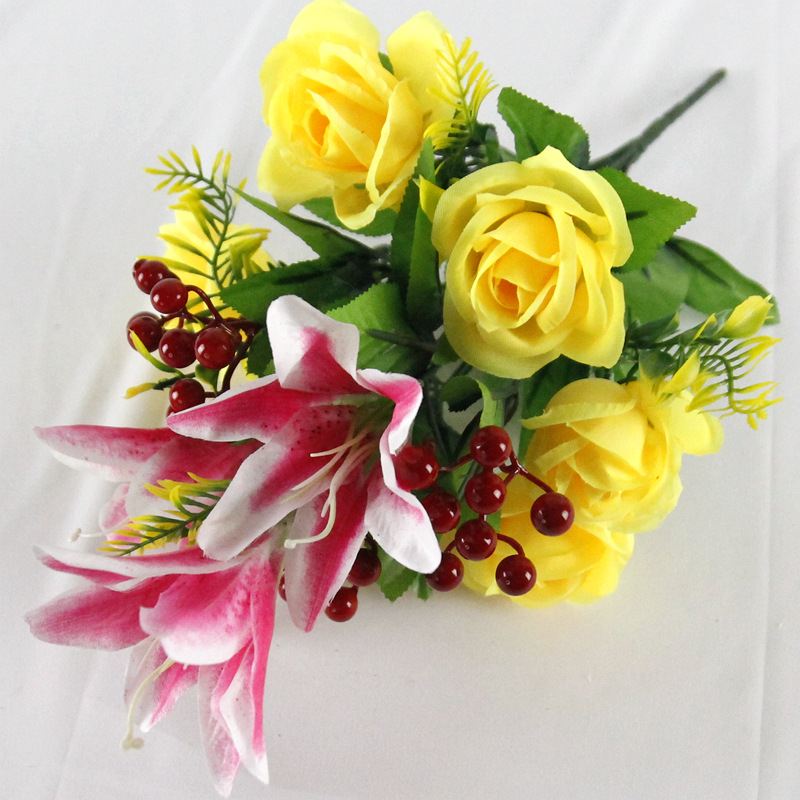跨境仿真玫瑰花婚庆百合发财果冬青果12头仙桃玫仿真绢花家居花艺详情15