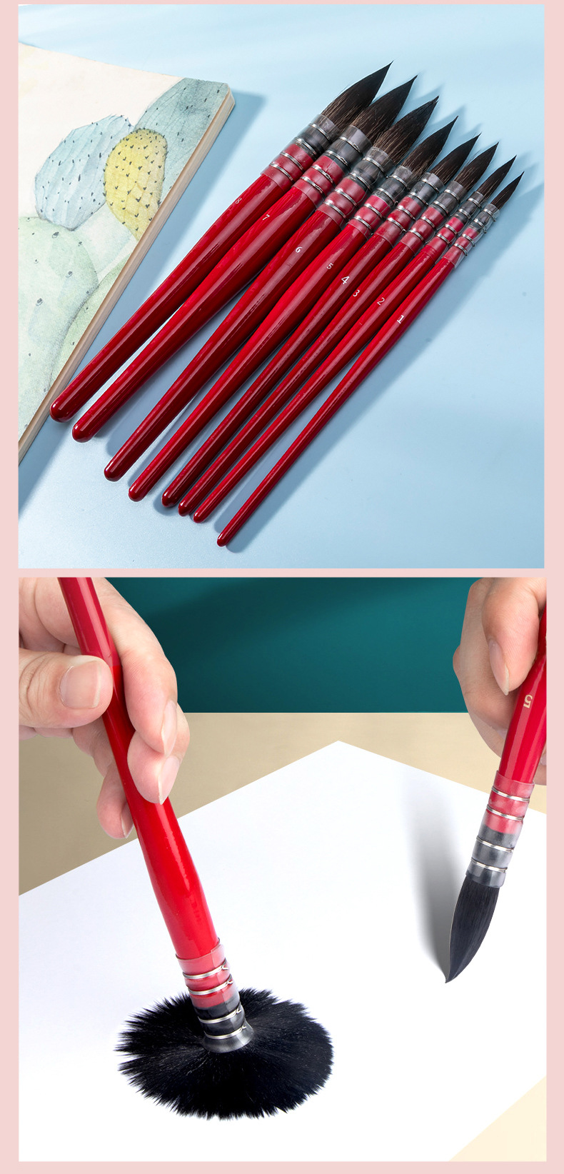 Boyi Xuan Red Fat Man Animal Hair lacquered Solid Wood Stick Single Round Peak Student art line watercolor brush pic 8