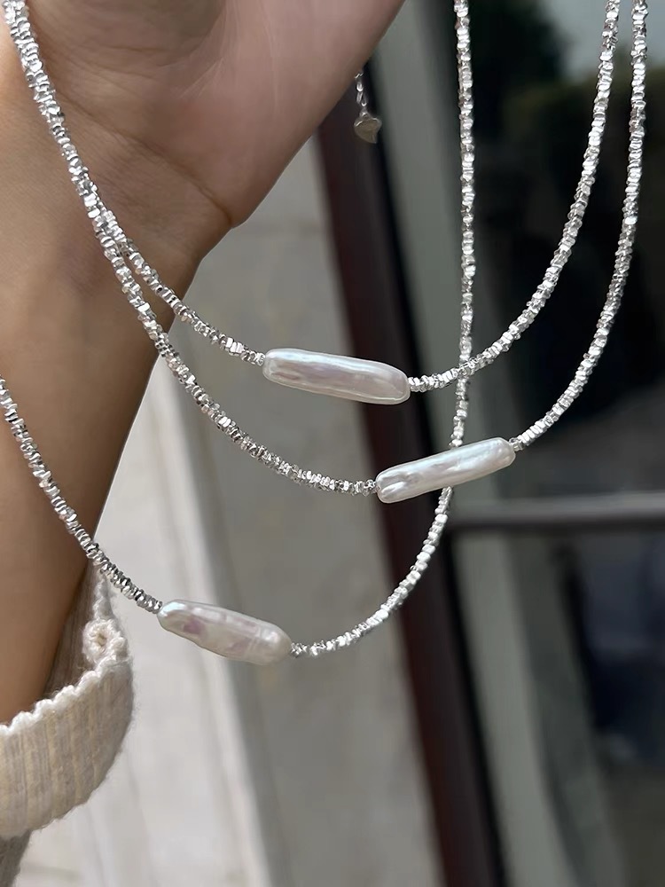 巴洛克异形淡水珍珠小银条珍珠项链镀银碎银子轻奢气质时尚锁骨链详情5
