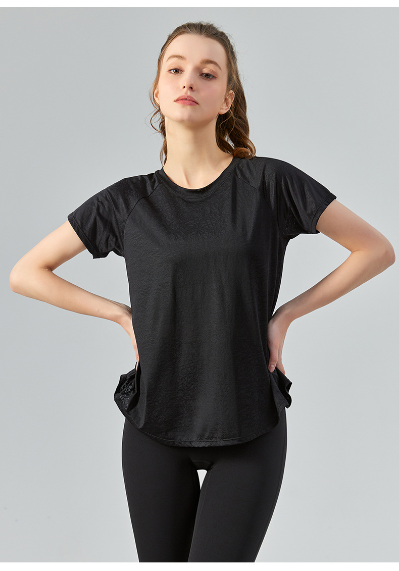 Spring and summer jacquard slit cutout yoga smock for women, light and quick-drying short-sleeved T-shirt, loose and breathable yoga wear top pic 29