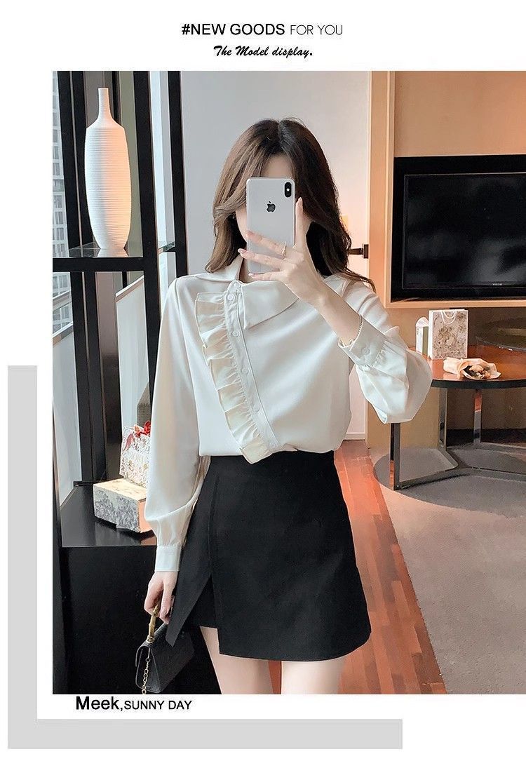 Irregular ruffled lapel shirt top for women, a unique and stylish autumn/winter 2025 new style shirt pic 16