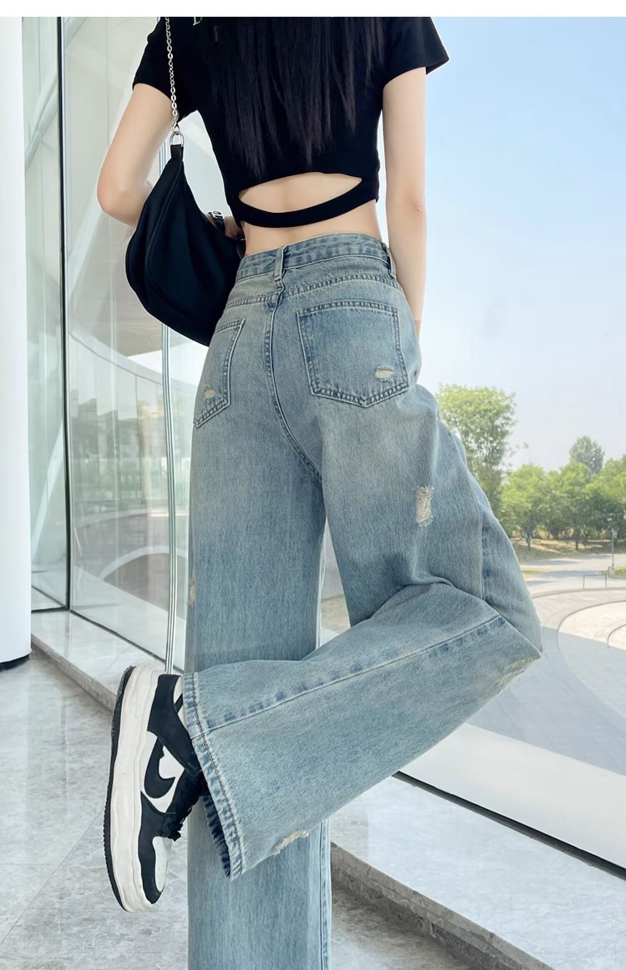 大码复古水洗磨白牛仔裤女春秋新款高腰胖mm宽松显瘦阔腿拖地裤子详情22