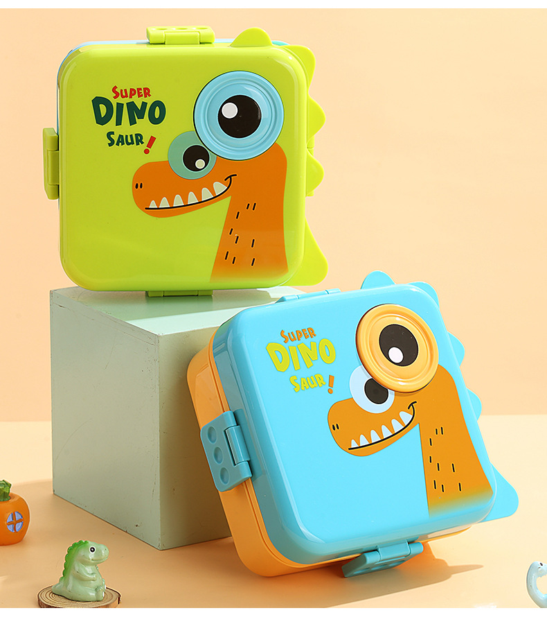 Dinosaur sauce cup lunch box, plastic PP microwave heating tape rice box, double-layer separated salad lunch box wholesale pic 14