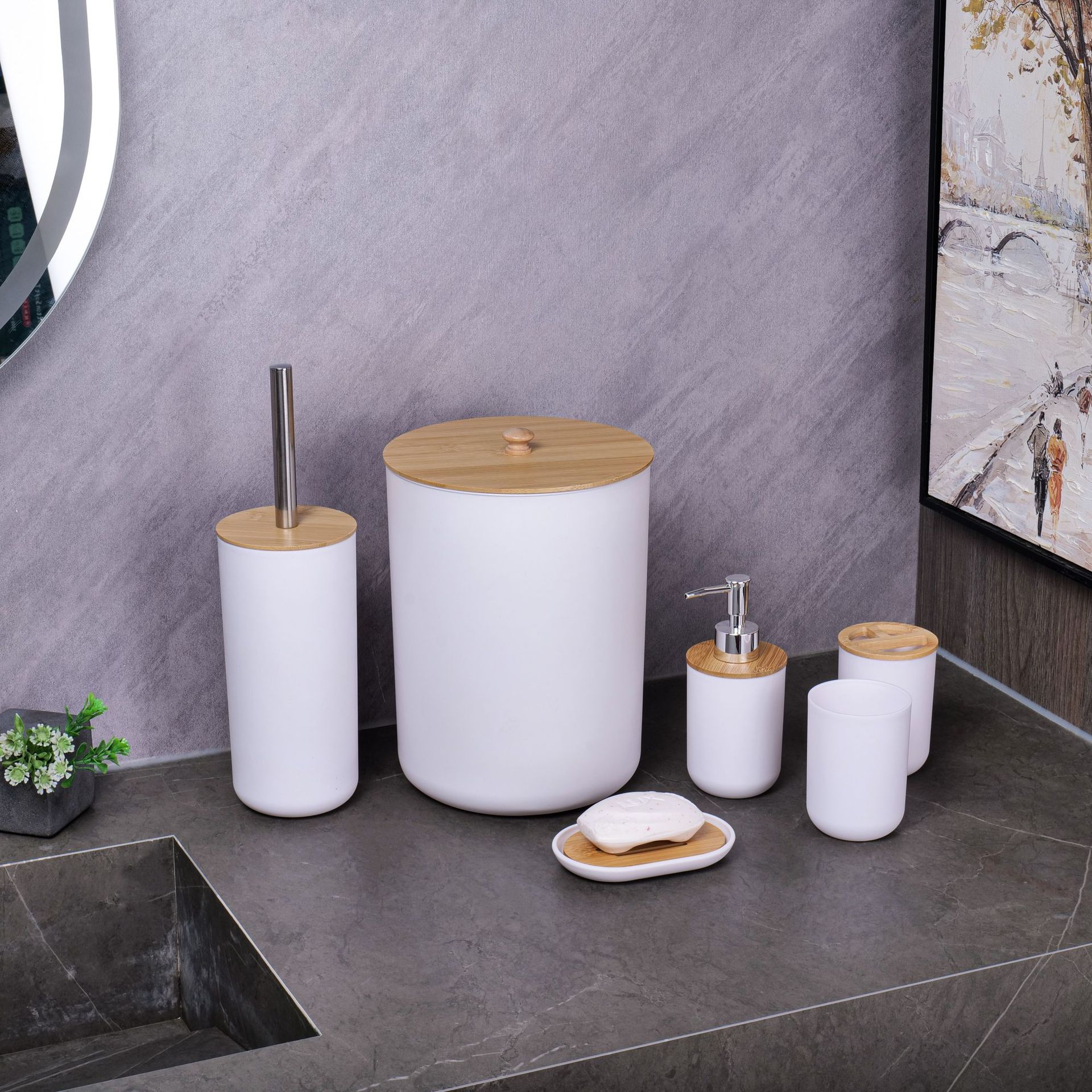 YUFEI跨境卫浴洗漱竹木六件套乳液泵牙刷杯肥皂盒北欧风简约套装详情15