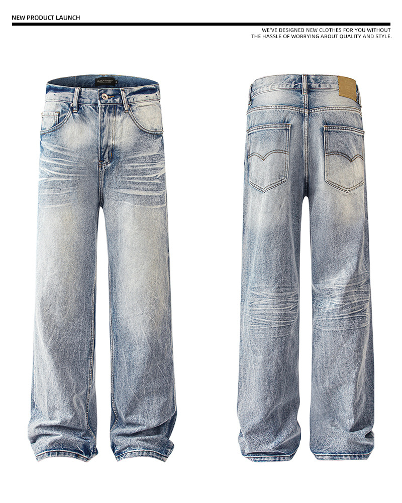 In the autumn of 2025, American-style washed distressed cat beard light blue jeans for both men and women, loose and versatile straight-leg long pants for cross-border use pic 4
