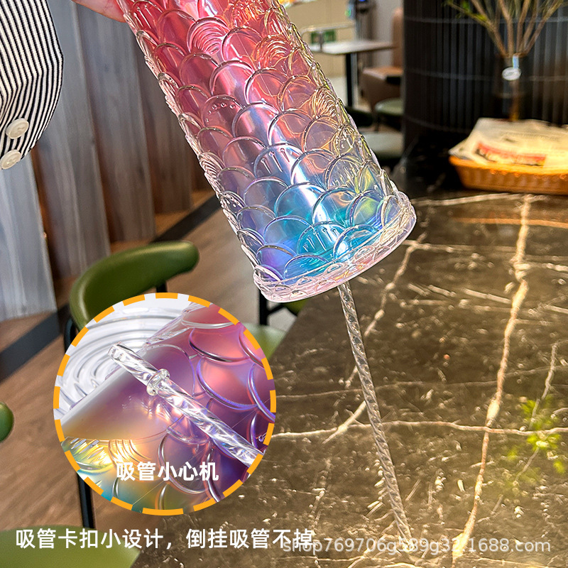 双层塑料吸管榴莲杯可印logo款网红高颜值炫彩渐变镭射双层吸管杯详情4
