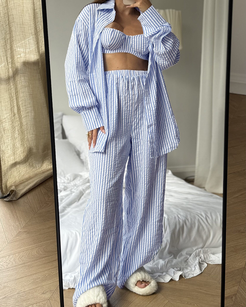 A new spring/summer striped three-piece pajama set from Europe and America, soft, loose and skin-friendly for women, suitable for cross-border wear in 2026 pic 31