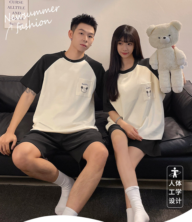 Spring and summer couple short-sleeved pajamas, women with chest pads, cartoon student home wear sets, shorts, stripes, 2025 pic 1
