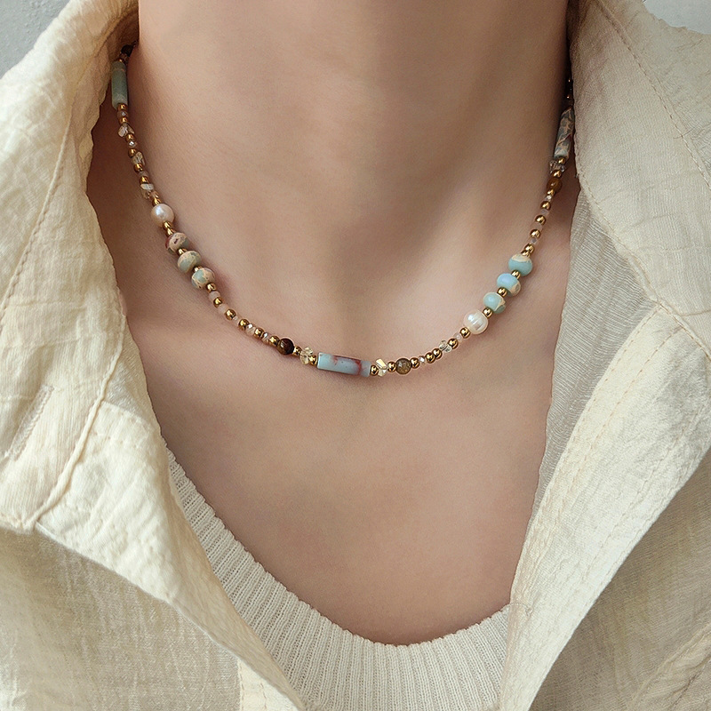 淡水珍珠彩色寿山石手工串珠项链时尚琉璃珠设计感个性颈链锁骨链详情1