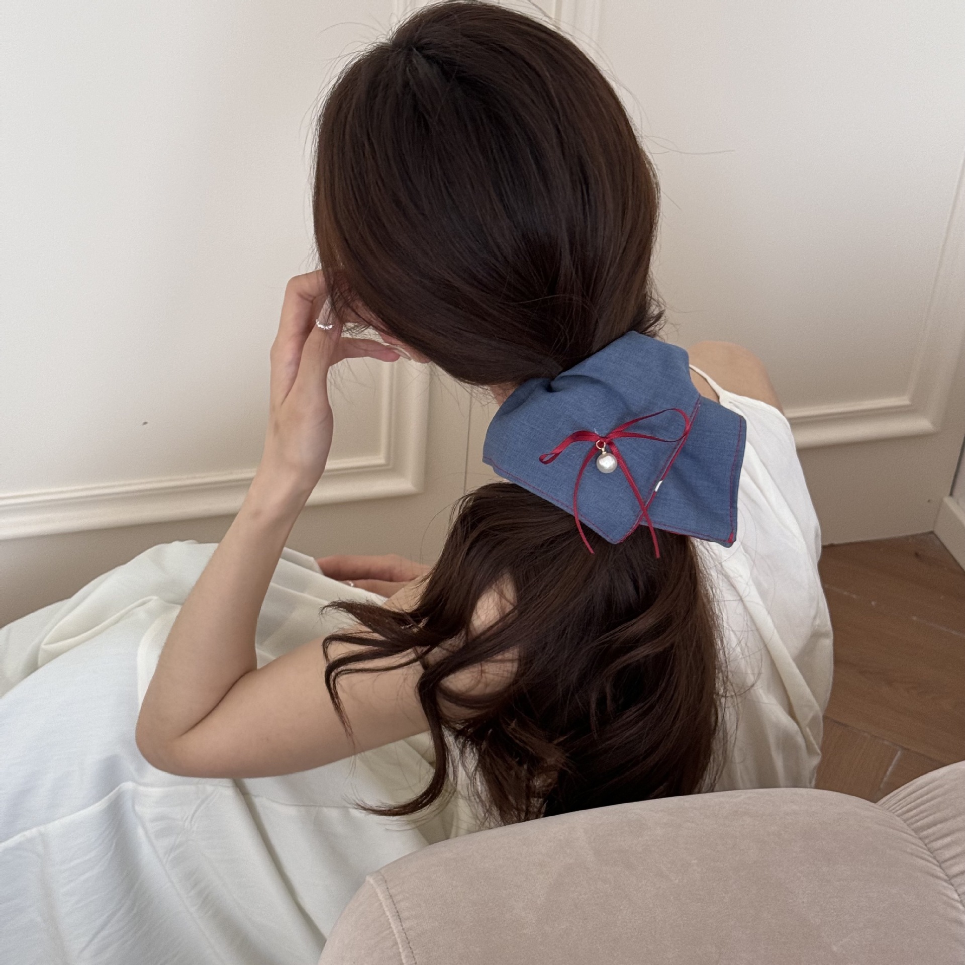 童话感红蓝撞色发圈牛仔蓝红拼色波点双面发饰甜美小众学院风发饰详情8