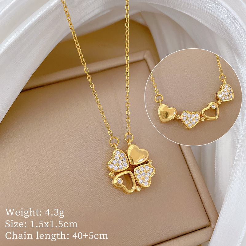 【钛钢】项链女新款一款两戴心连心开合四叶花满钻百搭锁骨链钛钢详情8