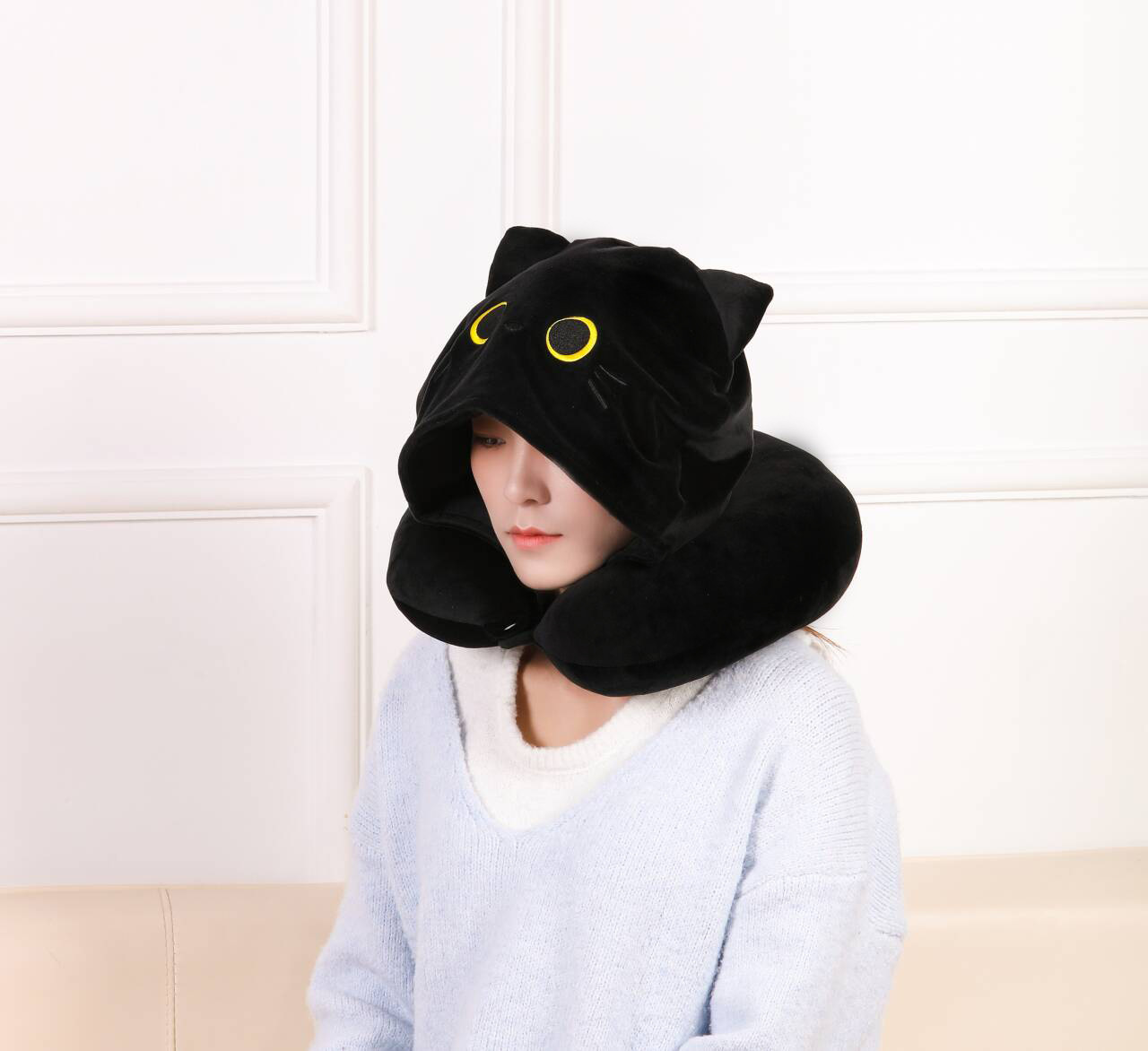 The popular black cat U-shaped pillow car headrest is black and cute. The cute cat question mark pillow eye mask bag is highly recommended on Xiaohongshu pic 10