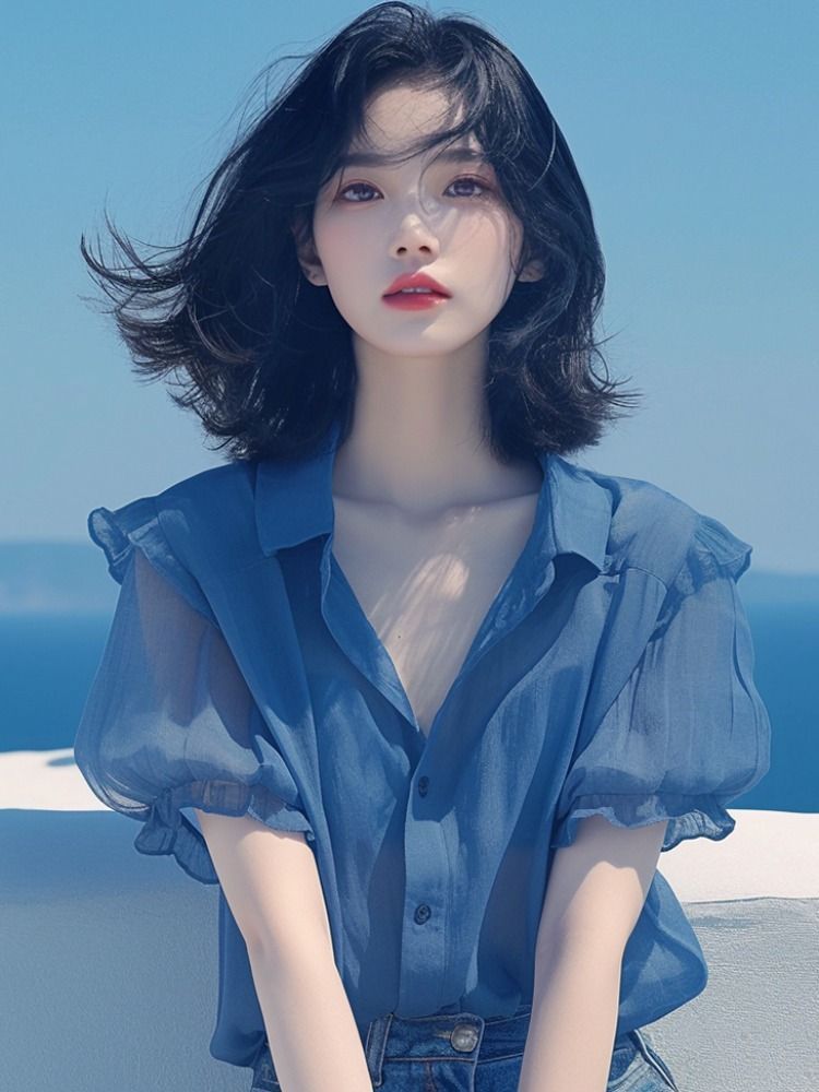 French-style blue puffed-sleeve chiffon blouse for women, a new summer style that hides and slimming the body, a youthful thin shirt pic 11