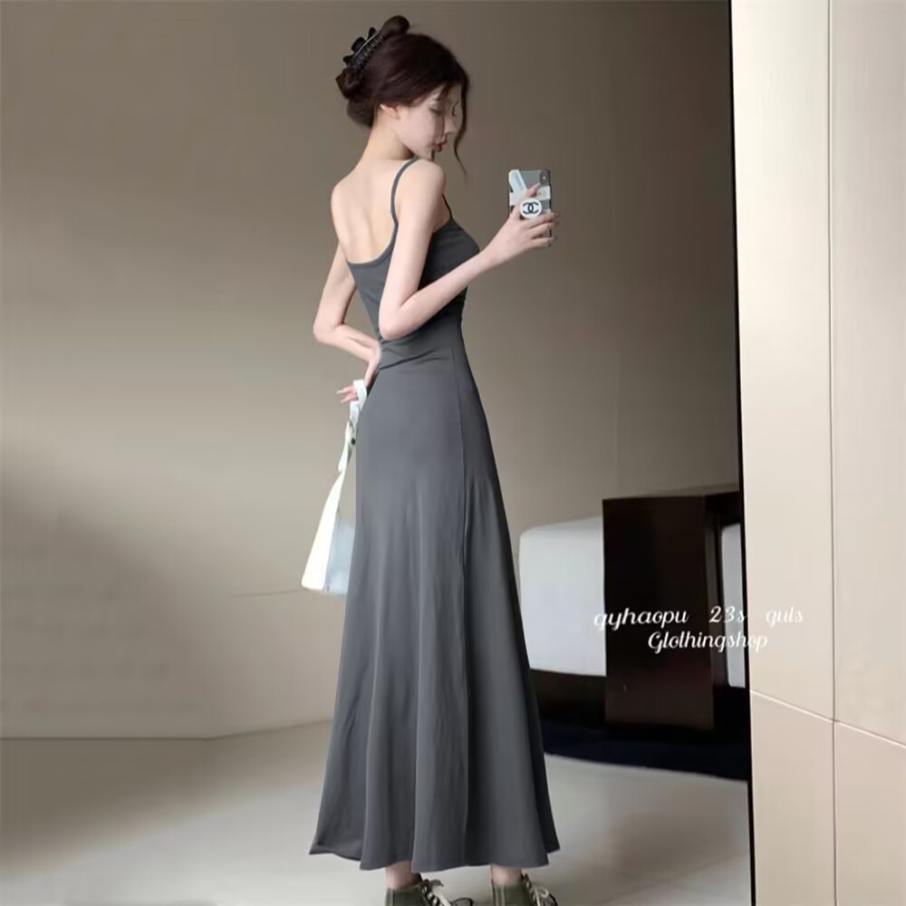 2025夏季辣妹弹力吊带连衣裙子女无袖露肩收腰显瘦一字肩打底长裙详情19