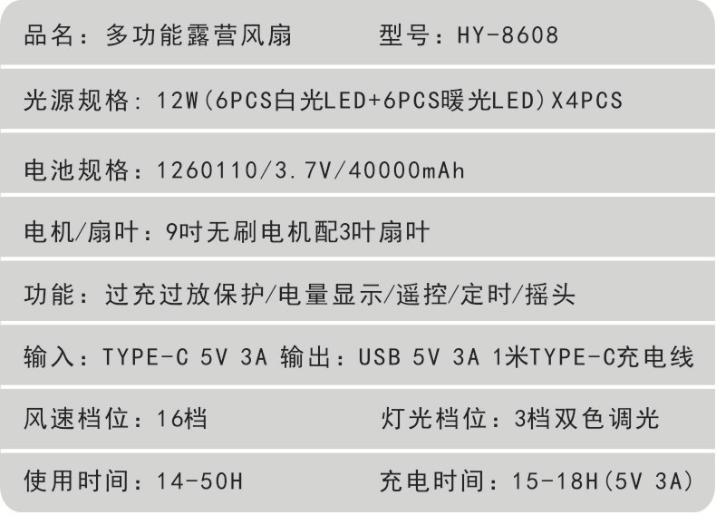 新品跨境野营风扇便携式烧烤户外露营风扇详情6