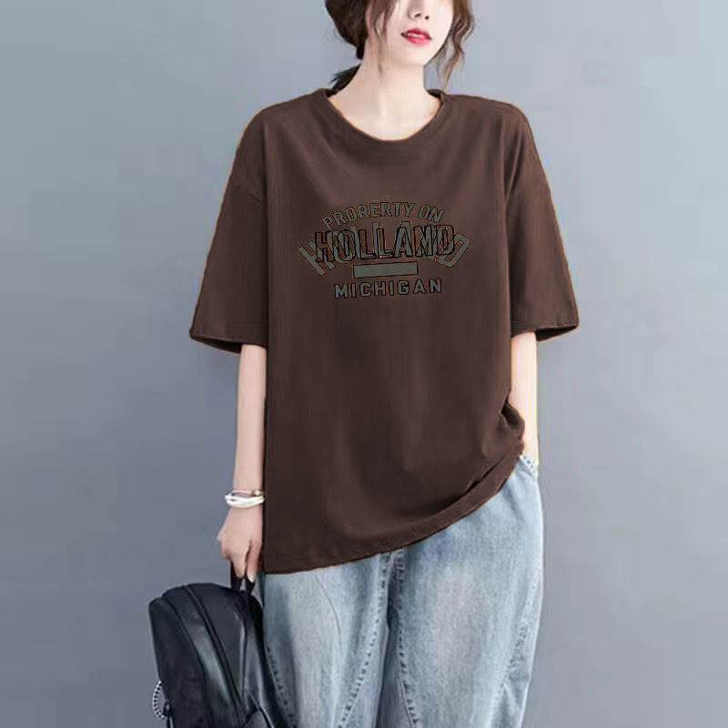 夏季新款100%纯棉短袖t恤女士洋气时尚大码百搭小众圆领宽松上衣详情21