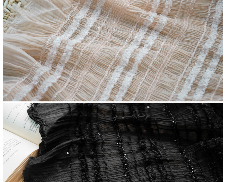 Summer new style chiffon striped crocheted black ear-trimmed pleated fabric multi-color fairy dress, wedding dress and evening gown fashion fabric pic 19