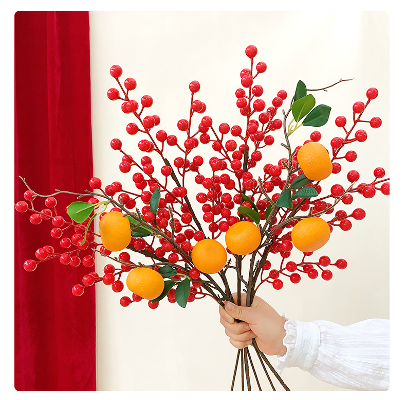 年宵花新年装饰花摆件发财果仿真花摆设假花冬青红果客厅乔迁插花详情20