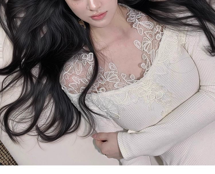 【不知雪】温柔氛围感蕾丝v领针织连衣裙腰显瘦a摆长裙详情18