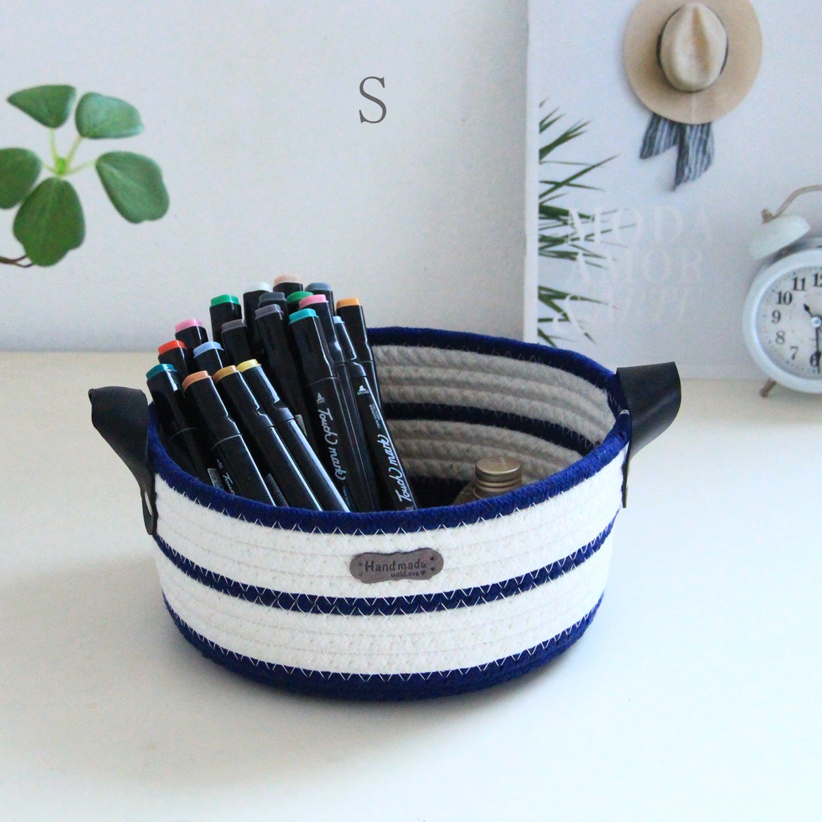 Round cotton rope woven storage basket with leather handle, InS-style desktop storage basket, cosmetics and toys storage box, Nordic style pic 9