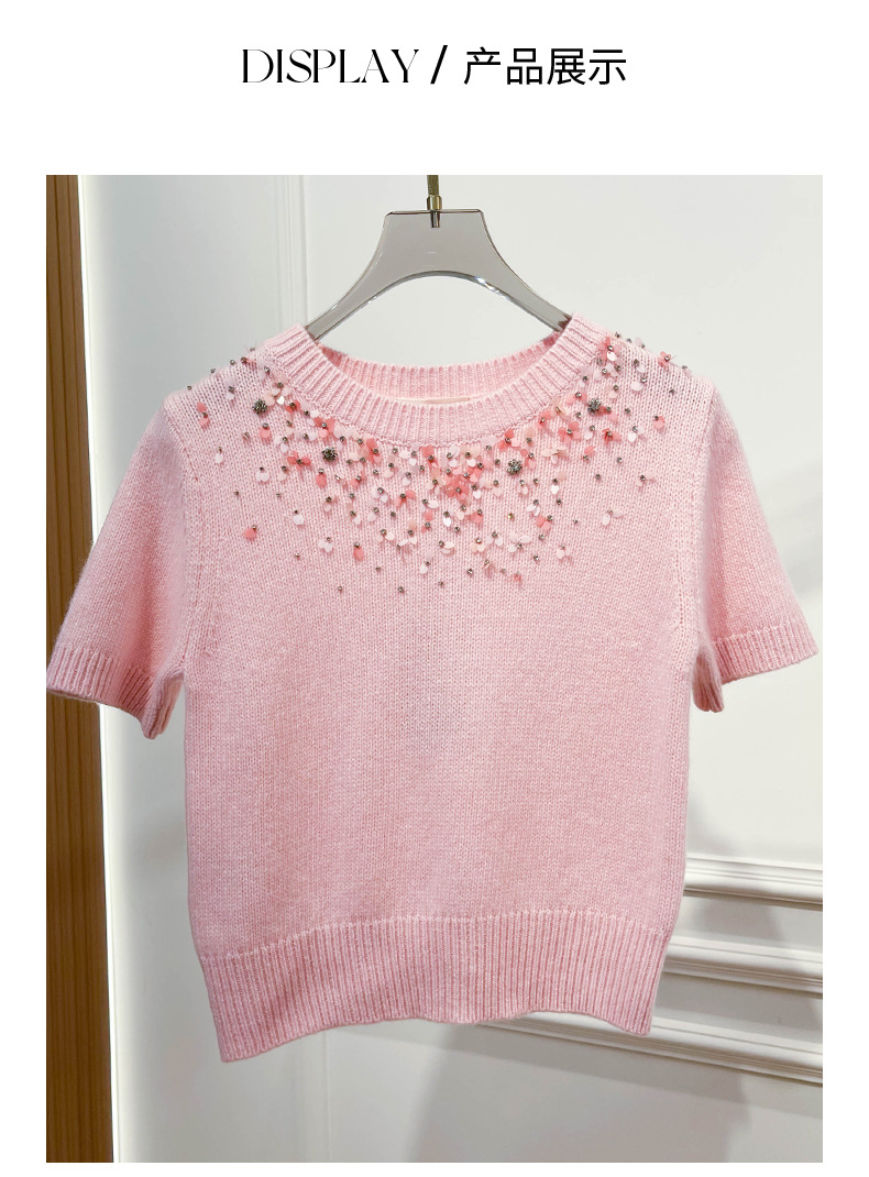 The 2025 autumn new heavy industry sequined short-sleeved casual knitted sweater for petite women has a unique design sense and a slimming top for women pic 5