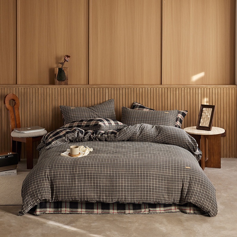 All-cotton Class A double-layer yarn four-piece set, double-layer yarn quilt cover and bed sheet four-piece set, pure cotton double-layer yarn checkered four-piece set pic 12