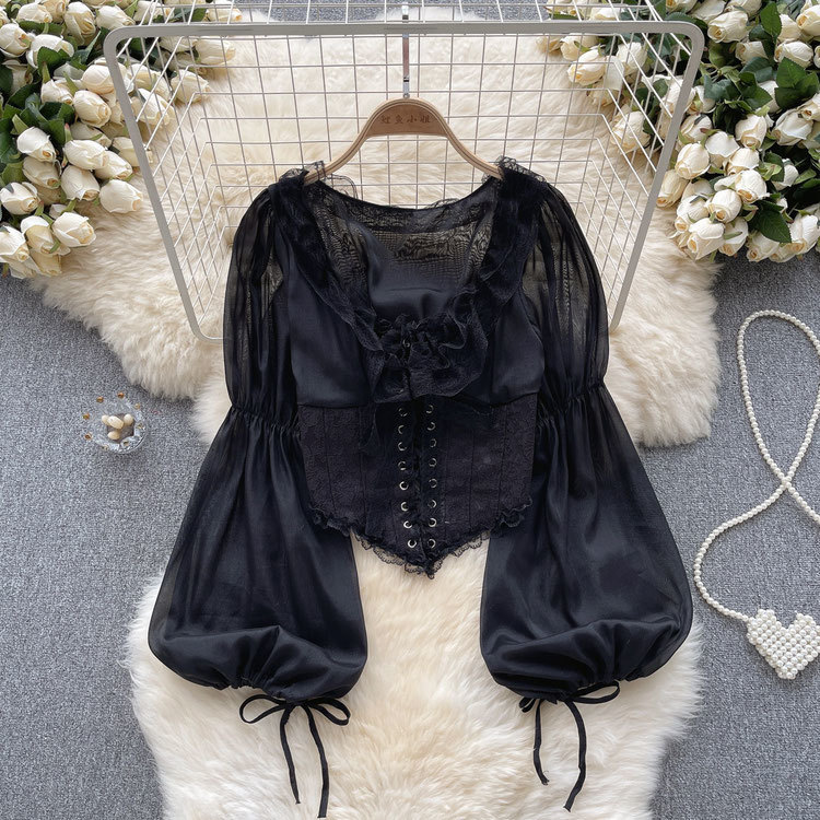 French court-style lantern long-sleeved shirt for women, fashionable high-end chiffon shirt, sweet lace patchwork mesh top, trendy pic 3