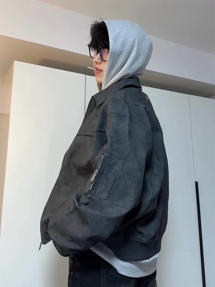 cleanfit American retro lapel leather jacket for men, spring and autumn, high-end and trendy short flight jacket for men pic 5