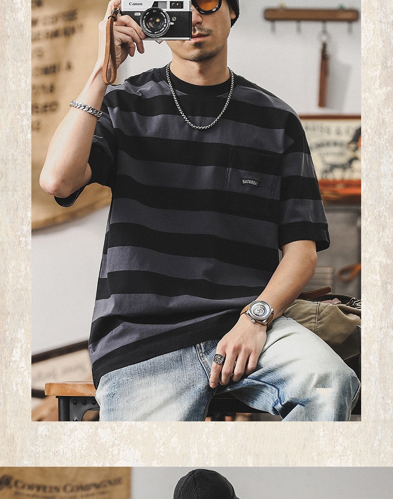 32支双纱平纹纯棉T恤男短袖夏季美式复古重磅宽松大码条纹男体恤详情15