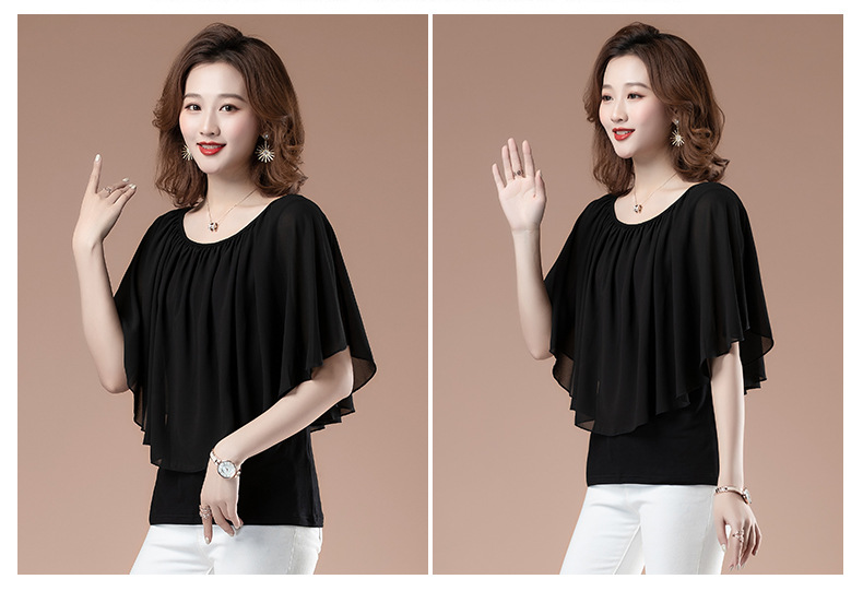 Loose to cover the belly 蝙蝠衫 short-sleeved round-neck chiffon blouse for women in summer, plus-size T-shirt for middle-aged mothers, and all-cotton T-shirt pic 7