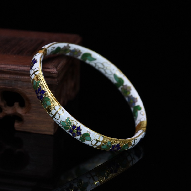 Beijing Cloisonne vintage collectibles, classical ethnic style copper body cloisonne enamel jewelry, semi-gold base bracelet pic 14