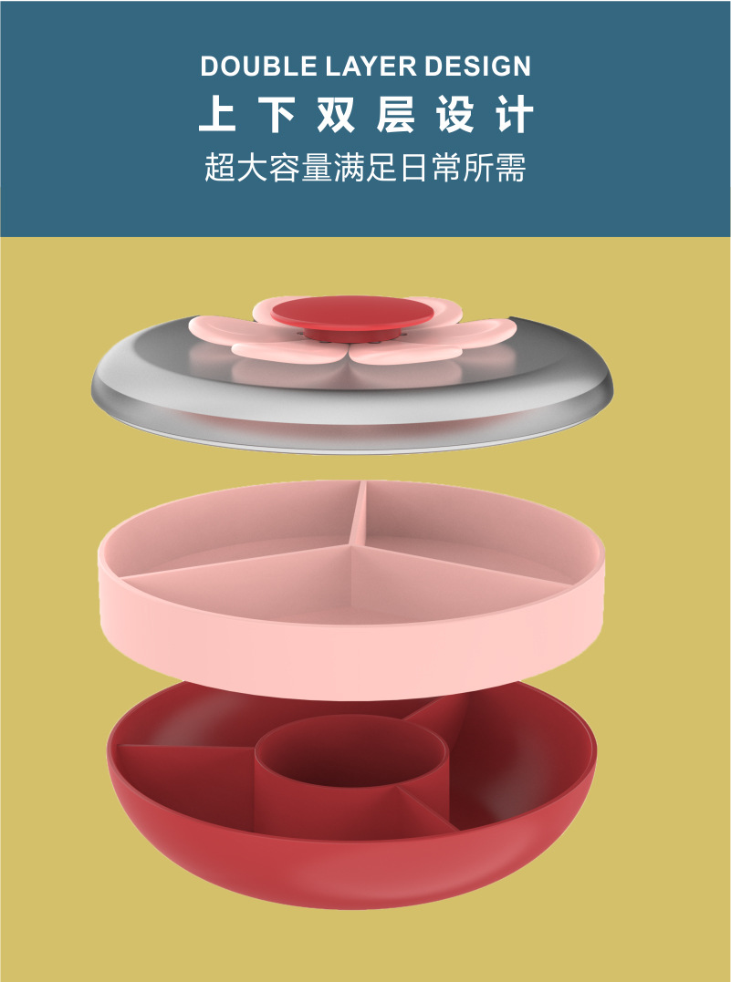 创意花瓣果叉双层零食盘果盘带盖子家用高颜值客厅坚果零食收纳盘详情4