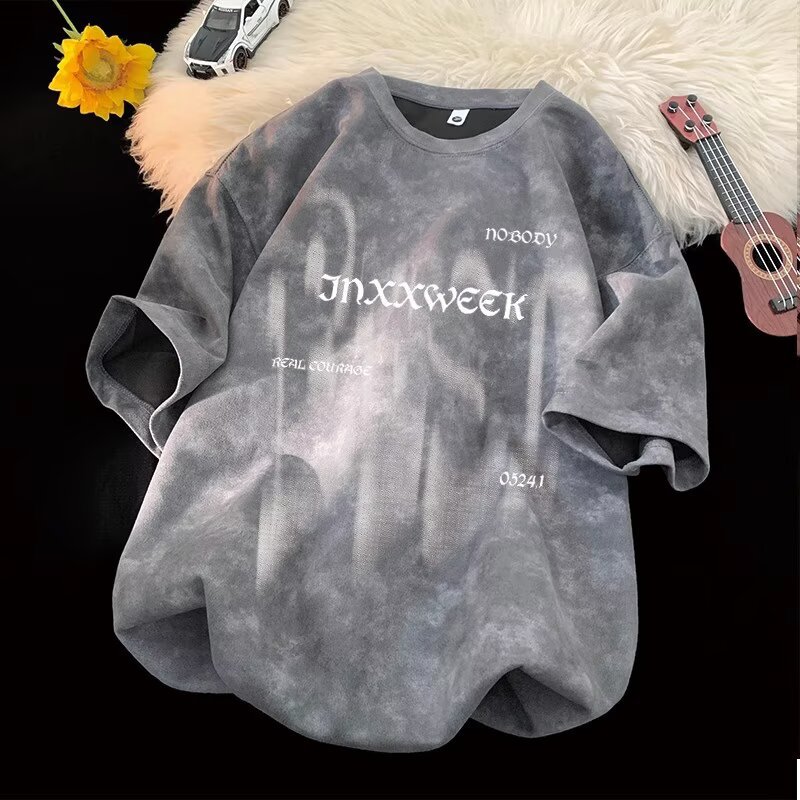 Summer trendy brand American heavy-duty pure cotton short-sleeved T-shirt for men, loose large-sized half-sleeved washed distressed T-shirt base layer pic 6