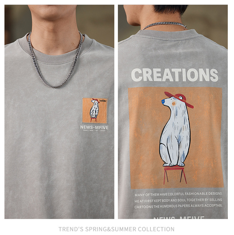 ALLIN 卡通印花短袖T恤男夏季美式重磅宽松百搭圆领五分半袖上衣详情23