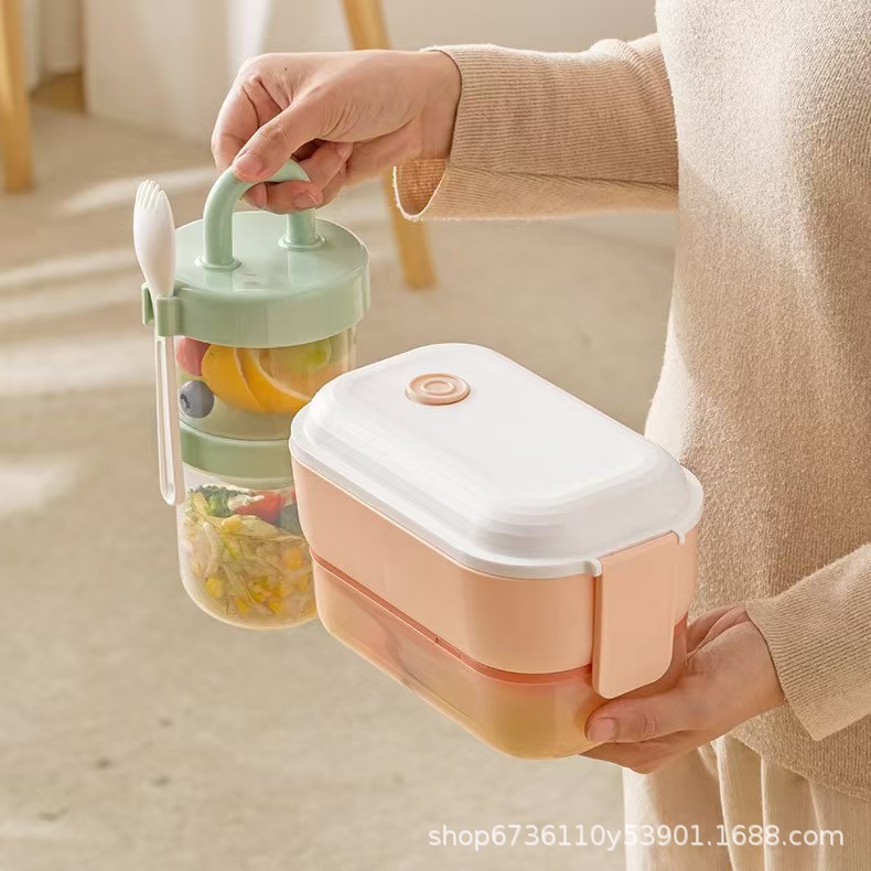 日式沙拉饭盒微波炉餐盒便携食品级塑料分隔便当盒带叉子密封保鲜详情5
