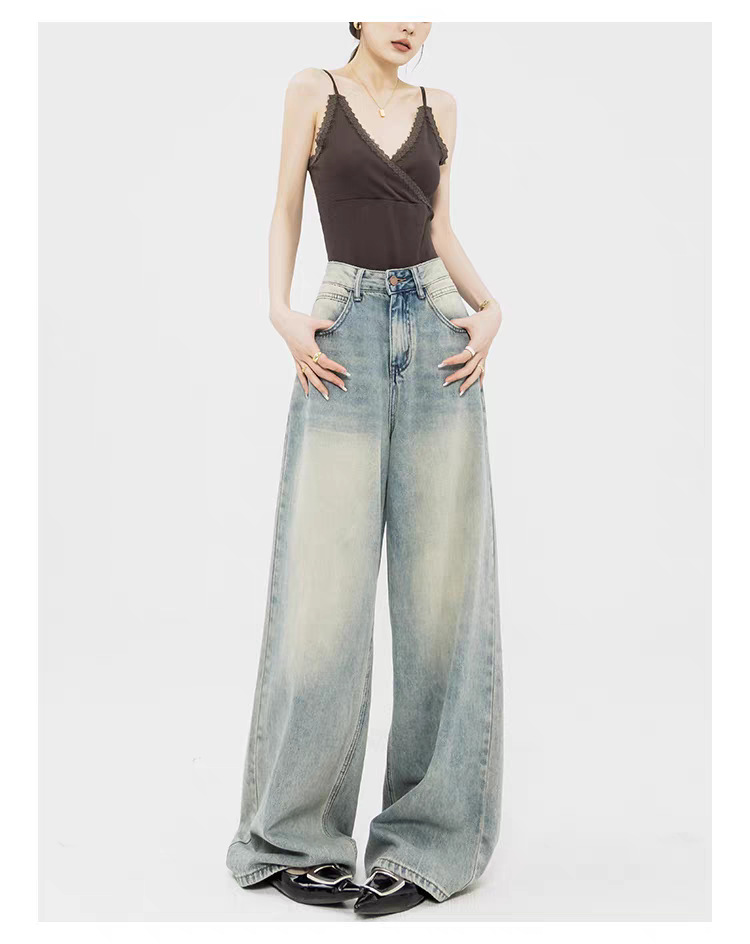 Custom-made retro light-colored straight-leg jeans with a high-waisted, loose design, floor-length wide-leg pants, suitable for all seasons pic 4